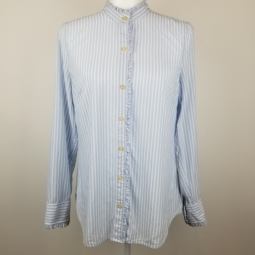 Vineyard Vines Blue White‎ Stripe Ruffle Neck Button Front Blouse Size 6 Tencel